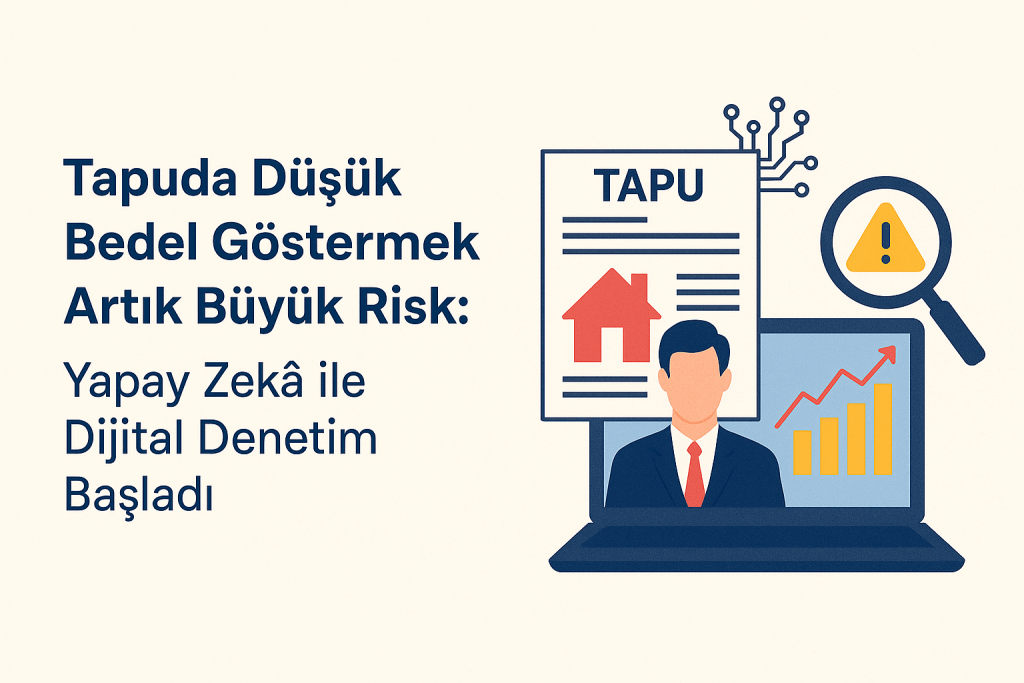Tapuda düşük bedel gösterme riskine dikkat çeken bilgilendirici grafik. Görselde bir tapu belgesi, grafik ekranı, büyüteçle işaretlenmiş uyarı simgesi ve takım elbiseli bir kişi yer almakta. Başlıkta 'Tapuda Düşük Bedel Göstermek Artık Büyük Risk: Yapay Zekâ ile Dijital Denetim Başladı' ifadesi bulunuyor.